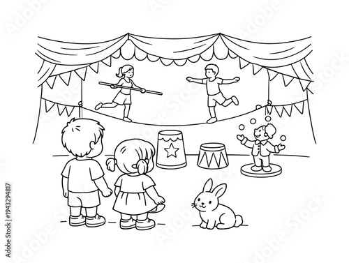 Children exploring a colorful circus tent, watching tightrope walkers, banners and small flags decorating the scene, a friendly