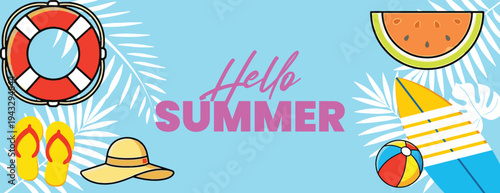 summer tropical banner and summer background for social media cover header banner, summer greeting card or banner with beach elements lifebuoy flip-flops hat watermelon surfboard and beach ball