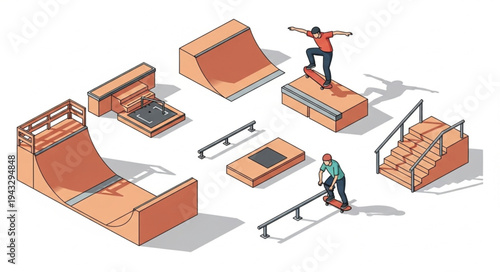 Skateboarding Ramps and Skaters Illustration.