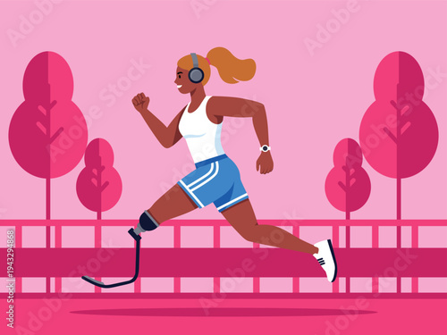 Female Athlete Running with Prosthetic Leg in Park – Para athletes and Sport Vector Illustration