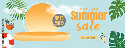 summer tropical sale banner and summer background for social media cover header banner Summer sale special offer promotional  horizontal banner with product display podium clouds and tropical elements