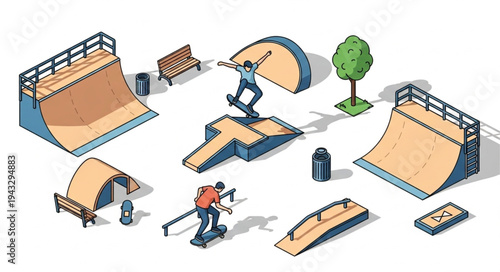Skatepark Ramps and Skateboarder Illustration.