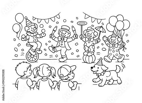 Children watching a clown parade, clowns juggling and balancing, balloons and confetti around, a friendly dog marching nearby,
