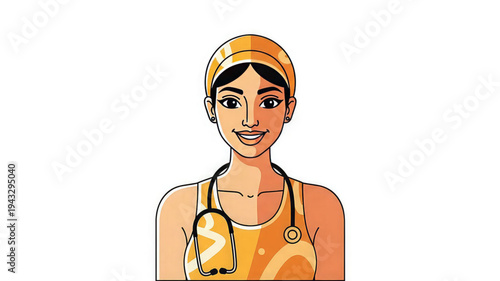 Smiling young woman in orange outfit with stethoscope around her neck