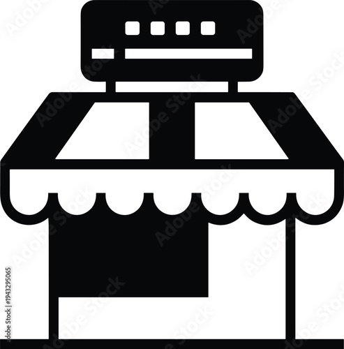 storefront shop icon, retail store symbol, small business market, shop facade awning, online marketplace concept, minimal vector illustration black silhouette