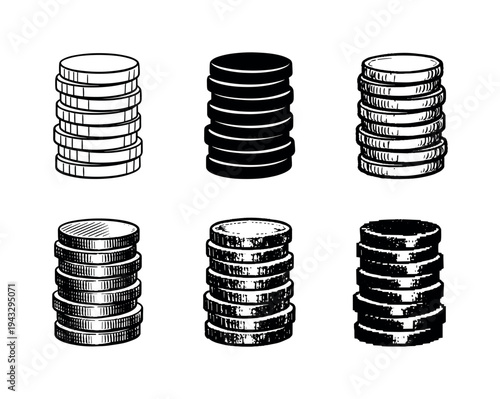 Collection of six stacks of coins in various artistic styles, isolated on white