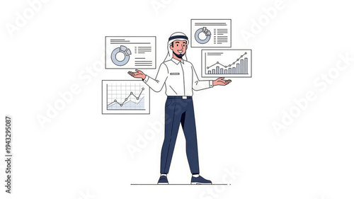 Businessman presenting data analysis and statistics in a professional setting with graphs