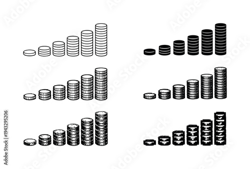 Set of six bar charts depicting stacks of coins in ascending order, representing financial growth