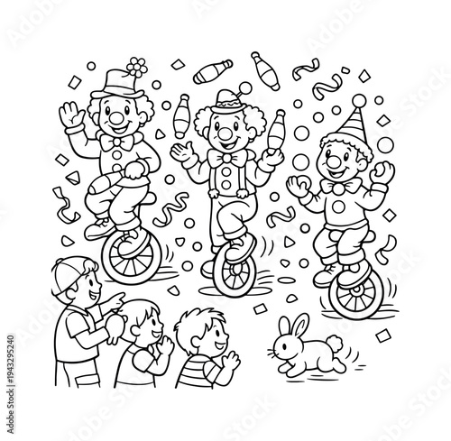 Clown parade with kids enjoying clowns riding unicycles, juggling pins and confetti scattered around, a tiny rabbit hopping