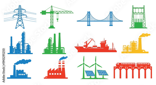 Colorful icons depict various industrial structures and transportation methods