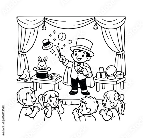 Magic show with kids amazed by juggling and magic tricks, magician waving a wand, small stage props and curtains around, a tiny