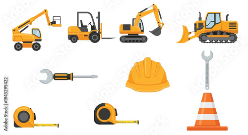 Construction equipment and tools a colorful illustration of heavy machinery