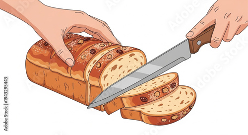 Slicing Bread with Sharp Knife.