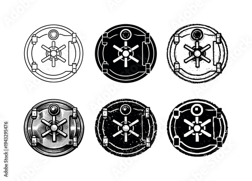 Collection of vintage vault door icons with different styles and textures for security concepts