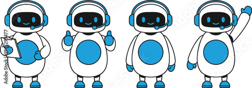 Set Of Cute Robot Character Mascot With Headset For Artificial Intelligence Customer Support Service Chatbot Vector Illustration.