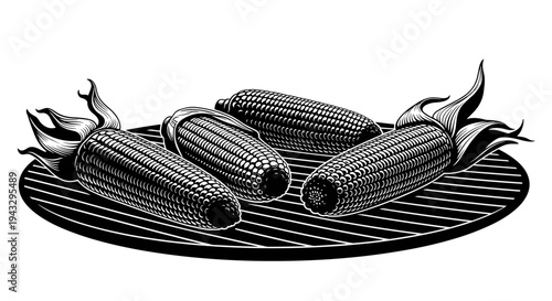Four ears of corn on a grill grate, rendered in a vintage woodcut illustration style