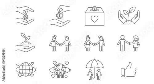 Charity donation and support line icons set representing global wellbeing