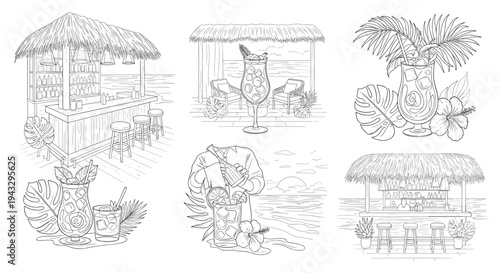 Collection of tropical beach bar scenes and refreshing cocktails, perfect for summer