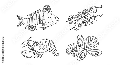 Collection of seafood illustrations including fish, shrimp, lobster, and shellfish