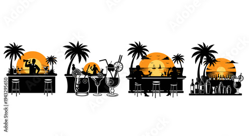 Tropical beach bar scenes with cocktails and palm trees at sunset silhouette