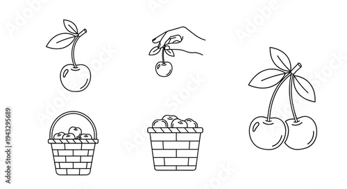 Collection of simple line art illustrations featuring cherries and baskets