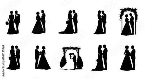 Collection of diverse wedding couple silhouettes in elegant poses for celebrations