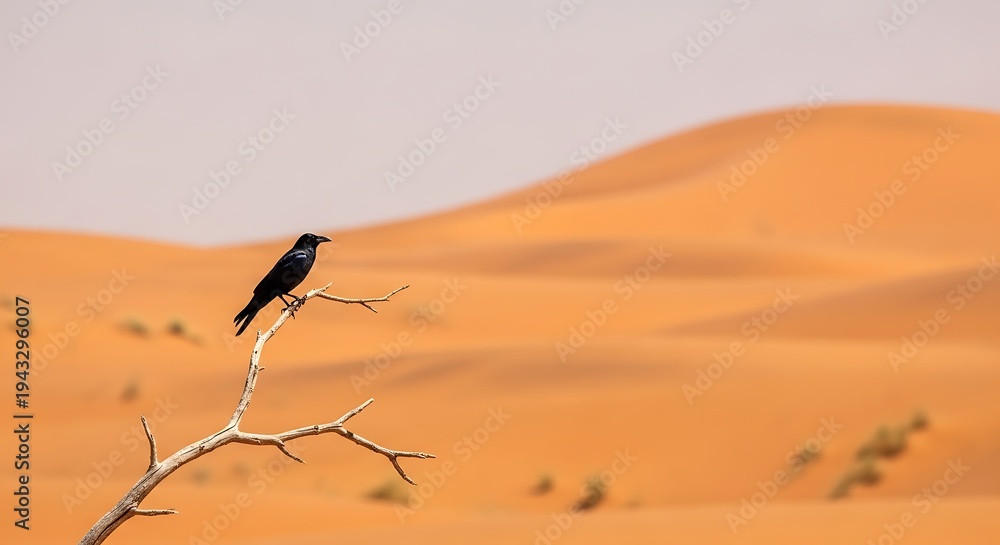 Obraz premium A solitary black bird perched on a branch, overlooking vast, undulating desert dunes