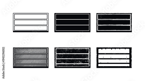 Collection of six different graphic representations of horizontal slatted frames or shelves