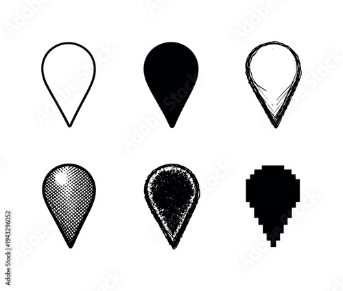 Navigation map pointer with rounded head and tapered tip used for marking destinations | Create ONE image containing EXACTLY six