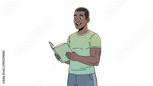 Smiling man reading book standing relaxed in casual wear