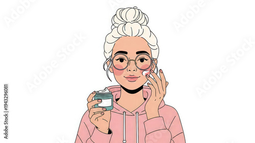 Woman applying facial cream with a jar skincare routine illustration
