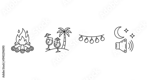 Collection of simple line art icons representing outdoor activities and nighttime elements