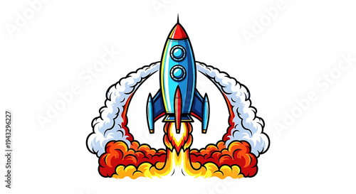 Vibrant cartoon rocket blasting off with fiery orange and yellow exhaust flames surrounded by dramatic white smoke clouds against a clean white background symbolizing startup