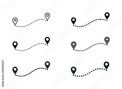 Dotted travel route line with marked endpoints illustrating journey direction and connection between locations | Create ONE image