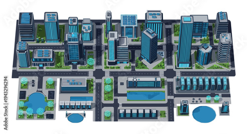 Isometric illustration of a futuristic cityscape with glowing blue accents