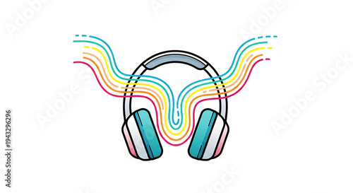 Vibrant abstract sound waves in rainbow colors emanate from modern headphones symbolizing music audio creativity and digital entertainment perfect for technology and lifestyle