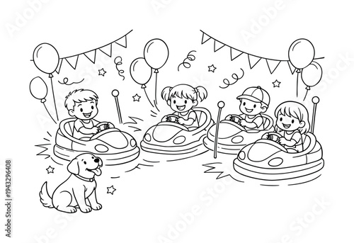 Children riding bumper cars, laughing and steering, colorful cars bouncing gently, balloons and streamers around, a friendly dog