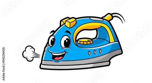 Cheerful cartoon blue steam iron character with a happy face and steam puffing from its nozzle isolated on a clean white background representing efficient and friendly household