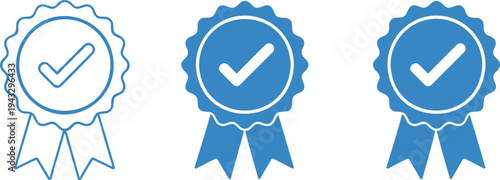 Set of three blue quality award icons with checkmarks representing excellence and certification on transparent background.