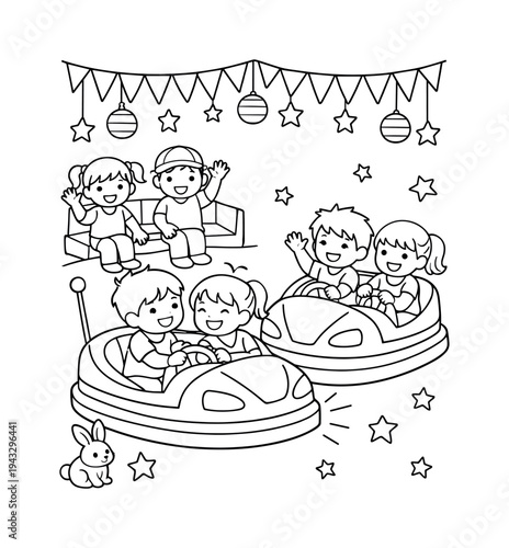 Bumper Cars Fun. Bumper cars with kids laughing and bumping gently, friends waving from nearby seats, decorative stars, flags, and