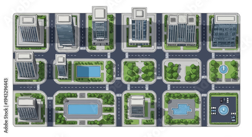 Aerial view of a colorful simplified cityscape with buildings and parks