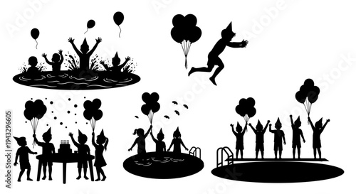 Children celebrating with balloons and cake, enjoying pool party fun and jumping