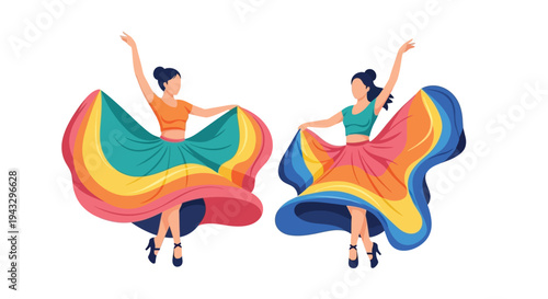 Two dancers in vibrant traditional dresses with flowing skirts are shown