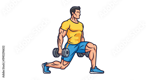 Muscular man performing a dumbbell lunge exercise with focused determination