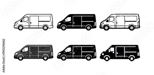 Van Variants Showcase. Commercial parcel van with large rear compartment and side panel for logistics transport | Create ONE image