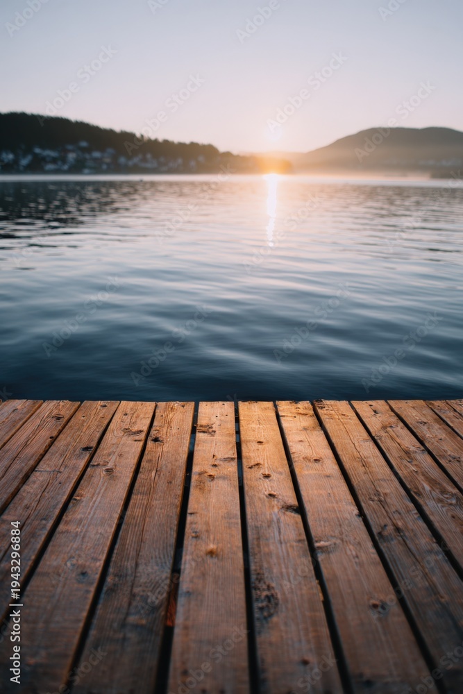 Fototapeta premium Closeup wooden dock planks with shimmering lake and soft sunrise light on distant hills