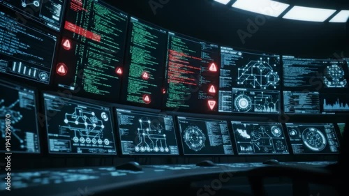 Dolly shot of operations center screens displaying critical cyber security alerts - 3D Animation