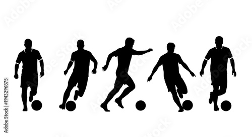 Silhouettes of five soccer players in action with a ball on a white background