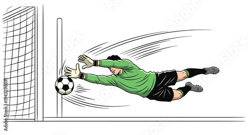 Soccer goalkeeper dives to save a goal with outstretched hands and a determined expression