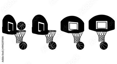 Four black silhouette basketball hoops with balls in different stages of play